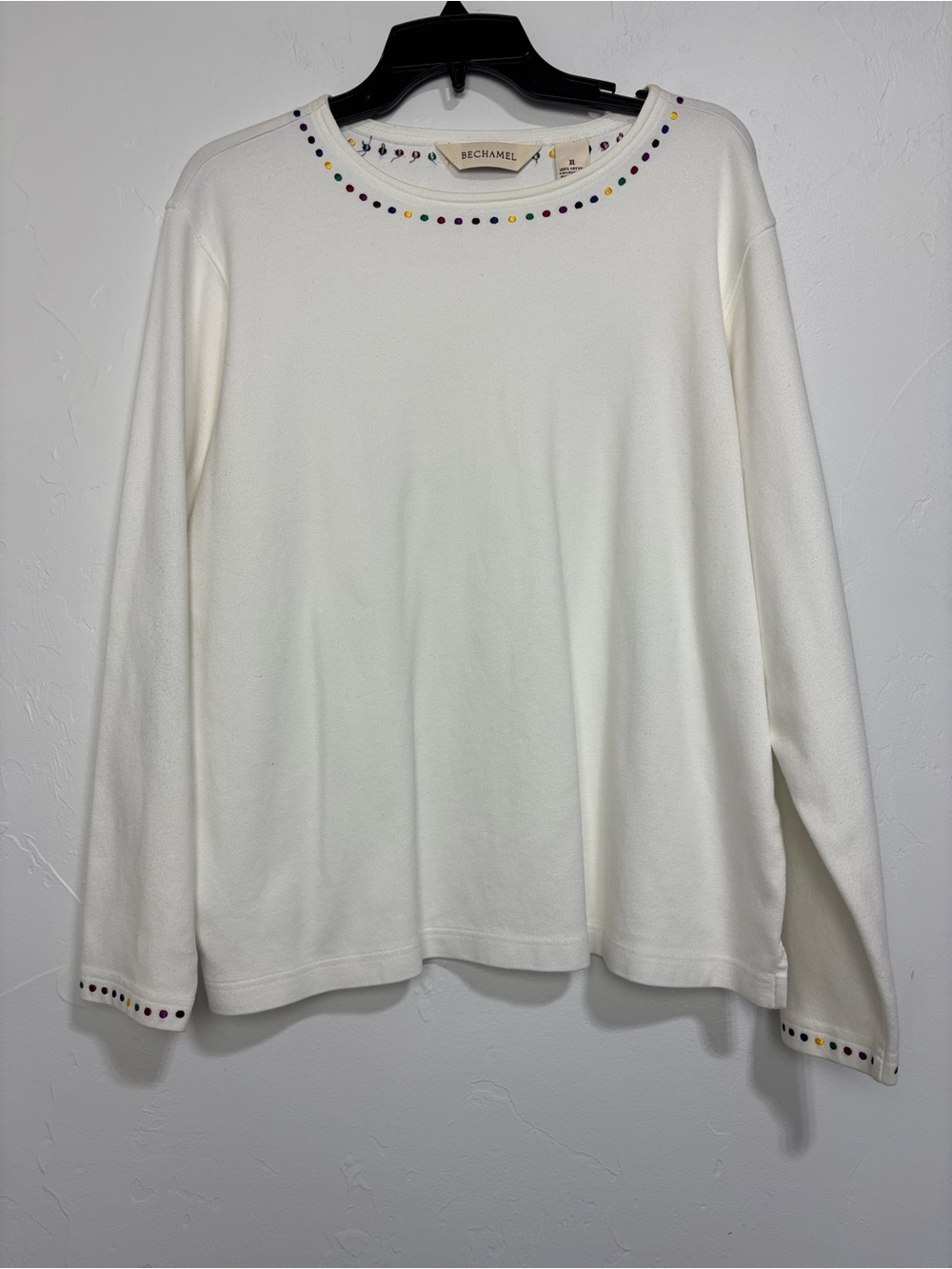 Bechamel Ivory White Cotton Knit Round Neck Pullover Embroidered Women's Top XL